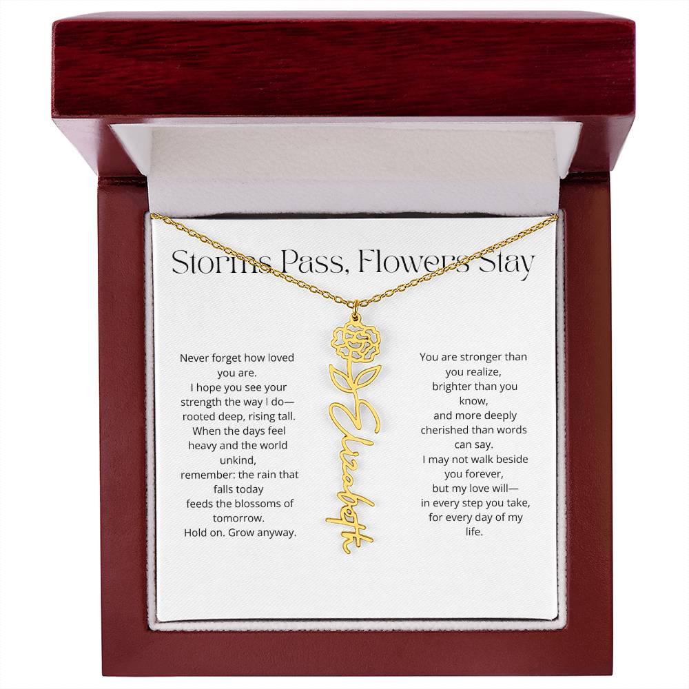 Personalized Flower Name Necklace - Storm Pass, Flower Stay (White)