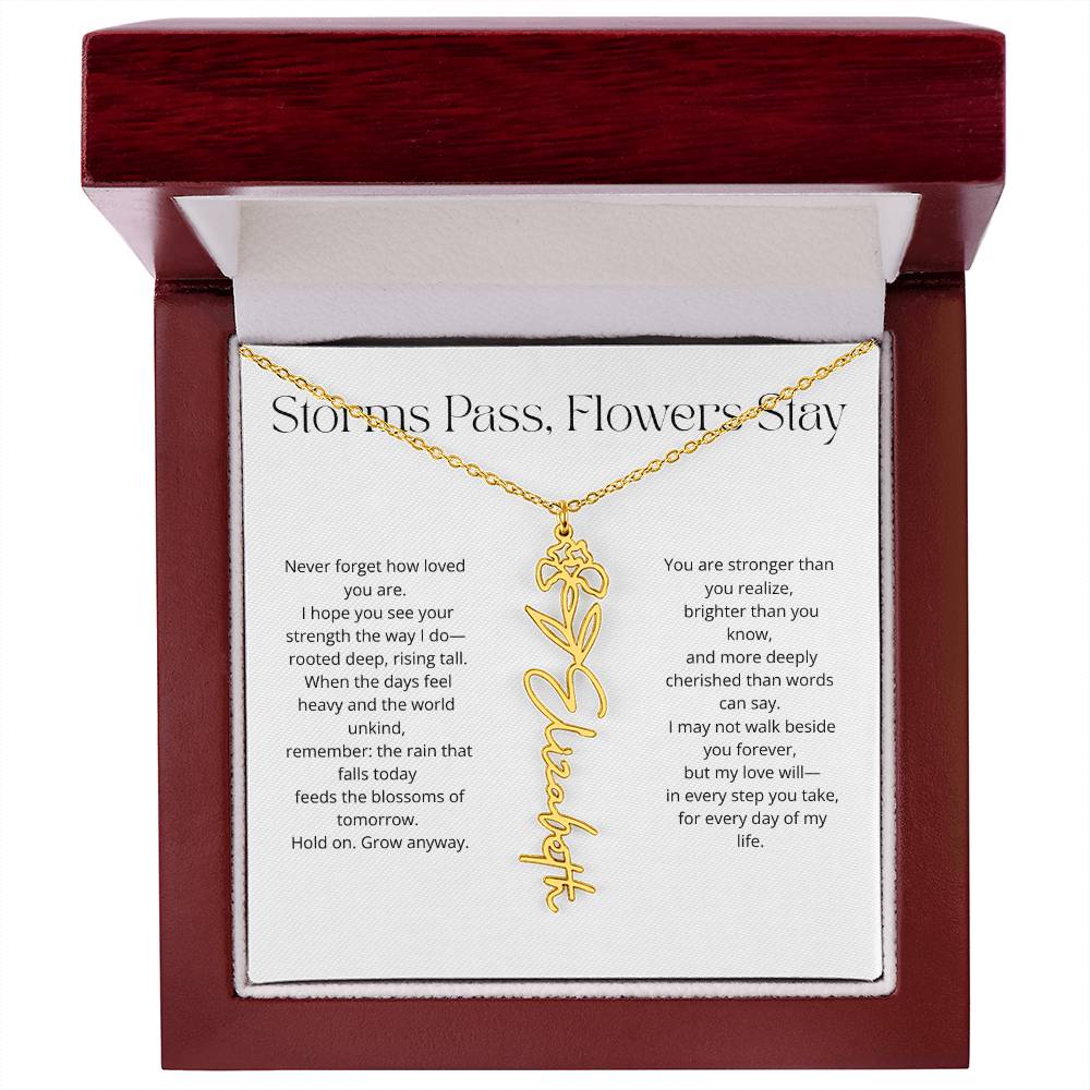 Personalized Flower Name Necklace - Storm Pass, Flower Stay (White)