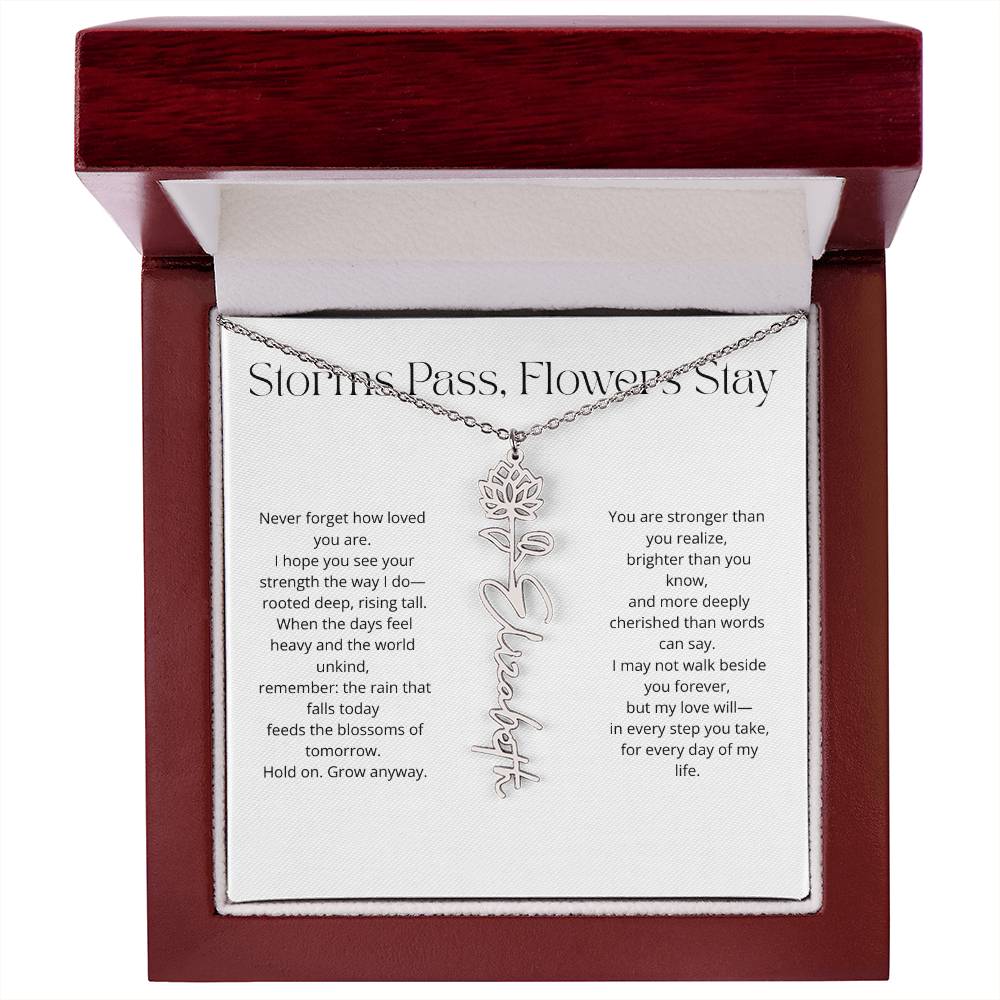Personalized Flower Name Necklace - Storm Pass, Flower Stay (White)
