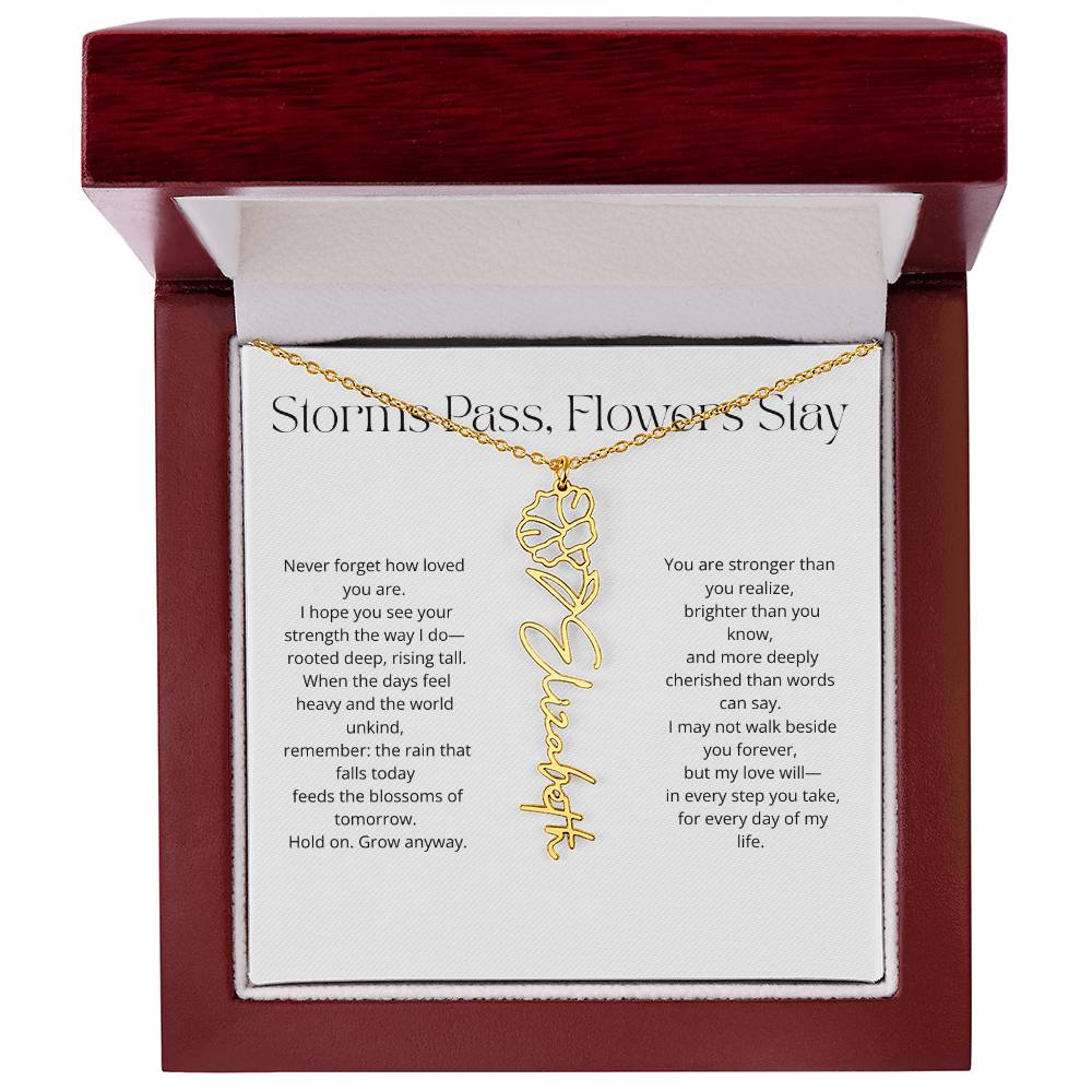 Personalized Flower Name Necklace - Storm Pass, Flower Stay (White)