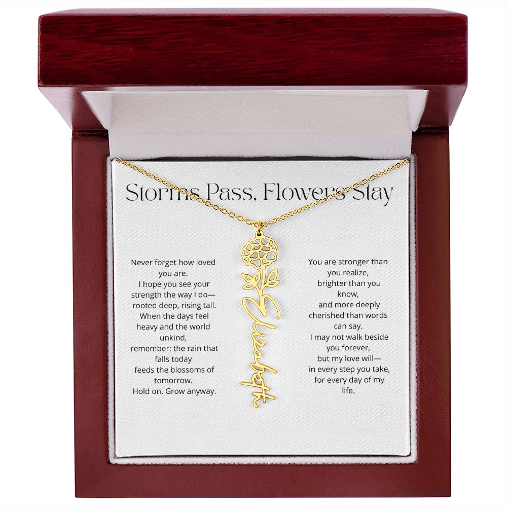 Personalized Flower Name Necklace - Storm Pass, Flower Stay (White)