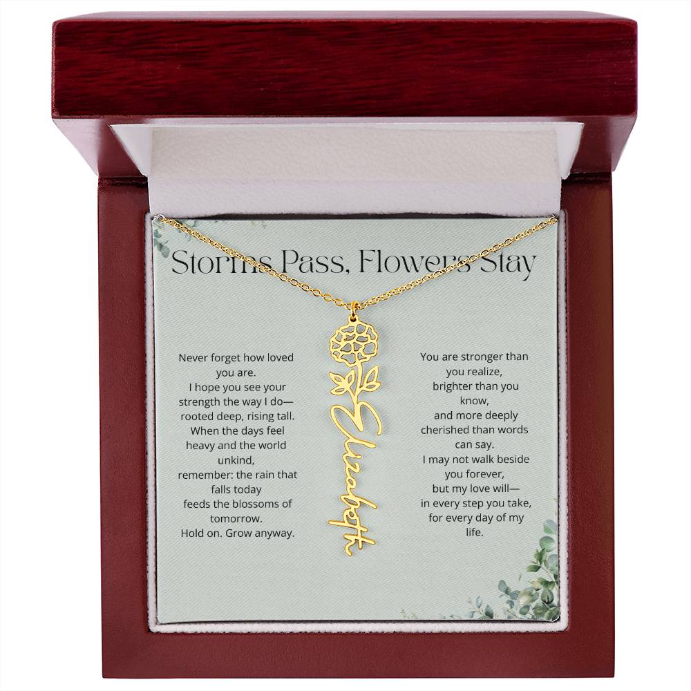 Personalized Flower Name Necklace - Storm Pass, Flower Stay (Green)