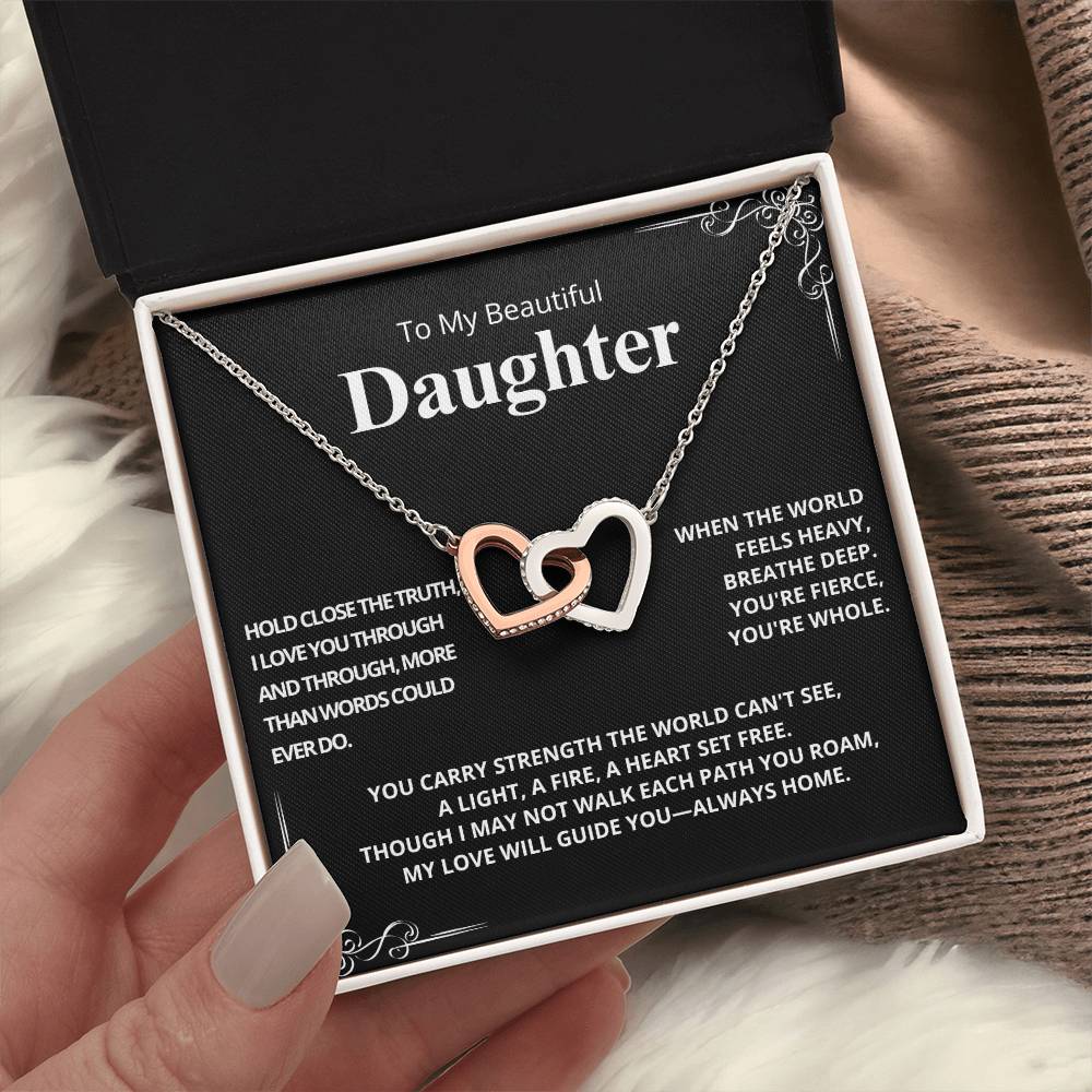 To My Beautiful Daughter - Hold Close the Truth (Black) - Interlocking Hearts Necklace