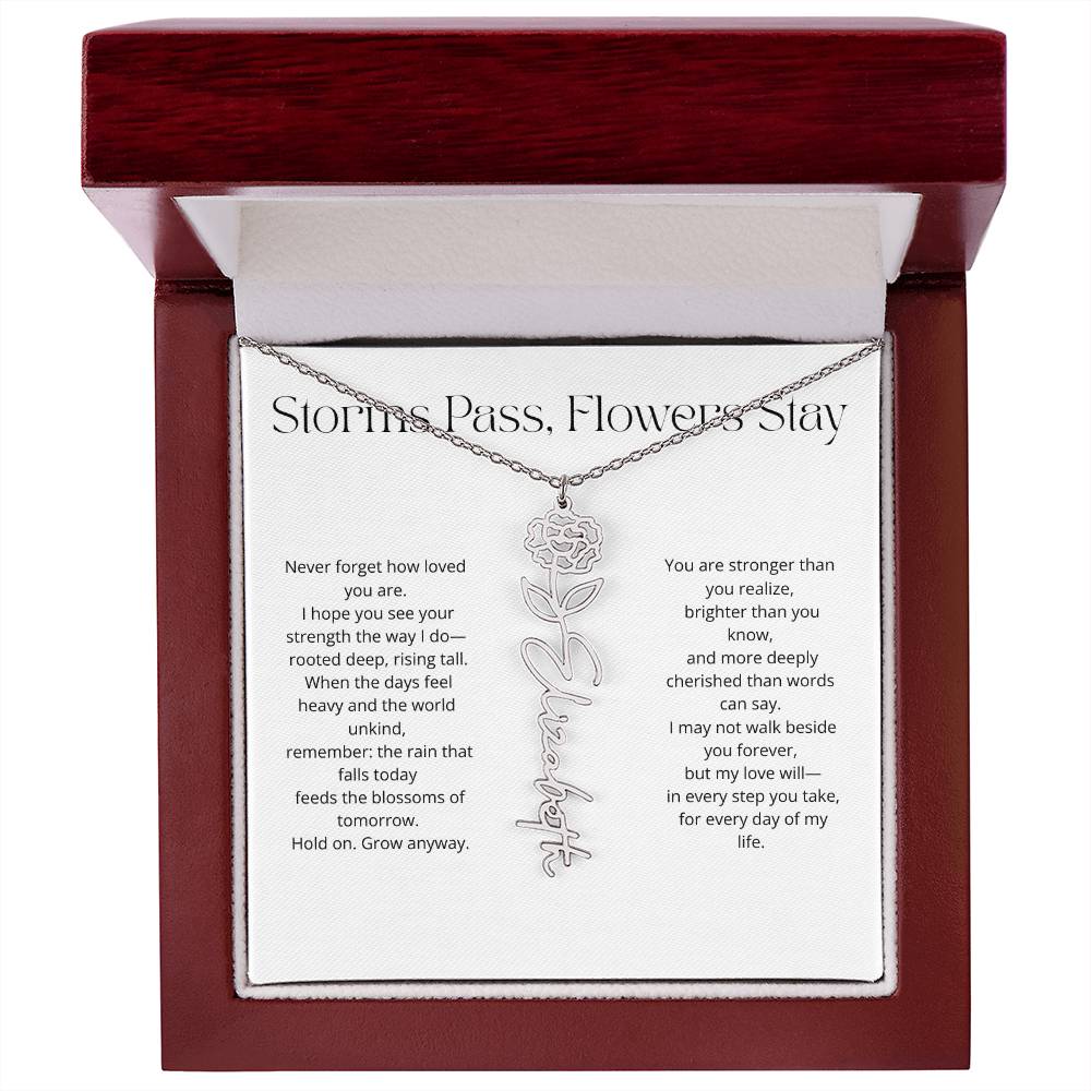 Personalized Flower Name Necklace - Storm Pass, Flower Stay (White)
