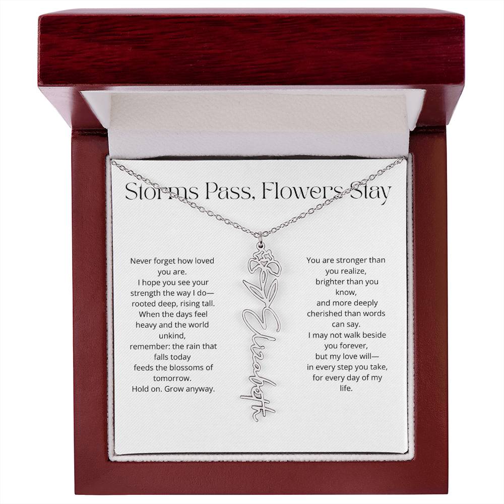 Personalized Flower Name Necklace - Storm Pass, Flower Stay (White)