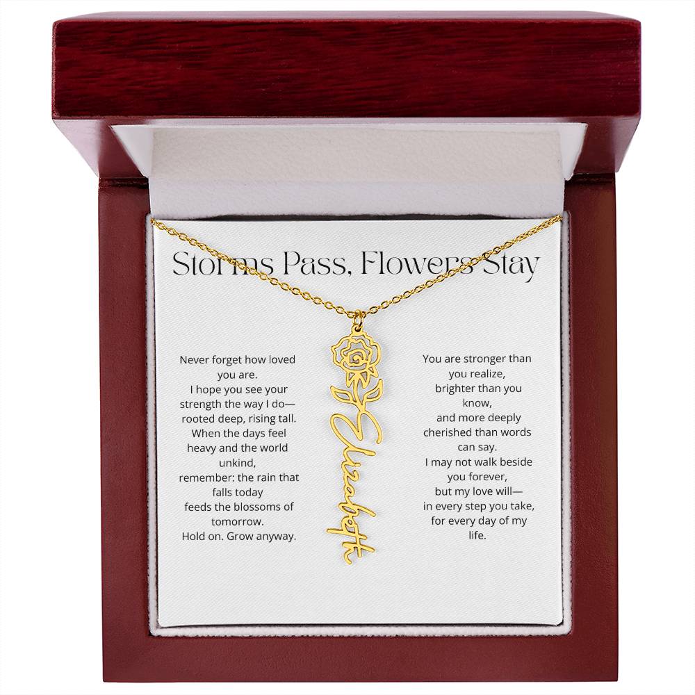 Personalized Flower Name Necklace - Storm Pass, Flower Stay (White)