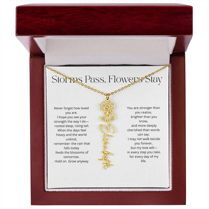 Personalized Flower Name Necklace - Storm Pass, Flower Stay (White)