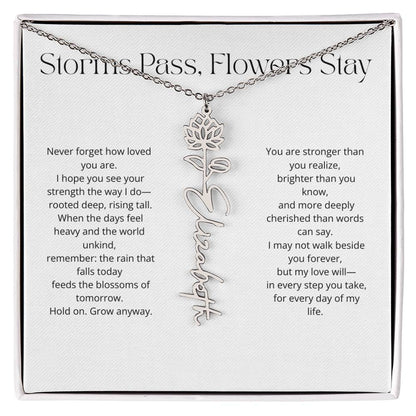 Personalized Flower Name Necklace - Storm Pass, Flower Stay (White)