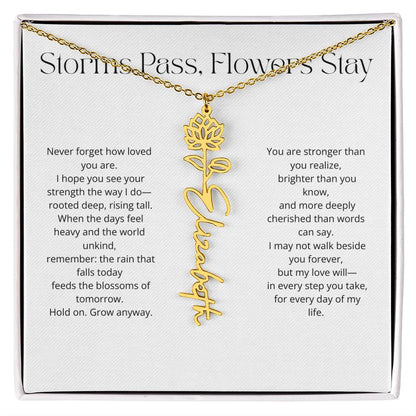 Personalized Flower Name Necklace - Storm Pass, Flower Stay (White)