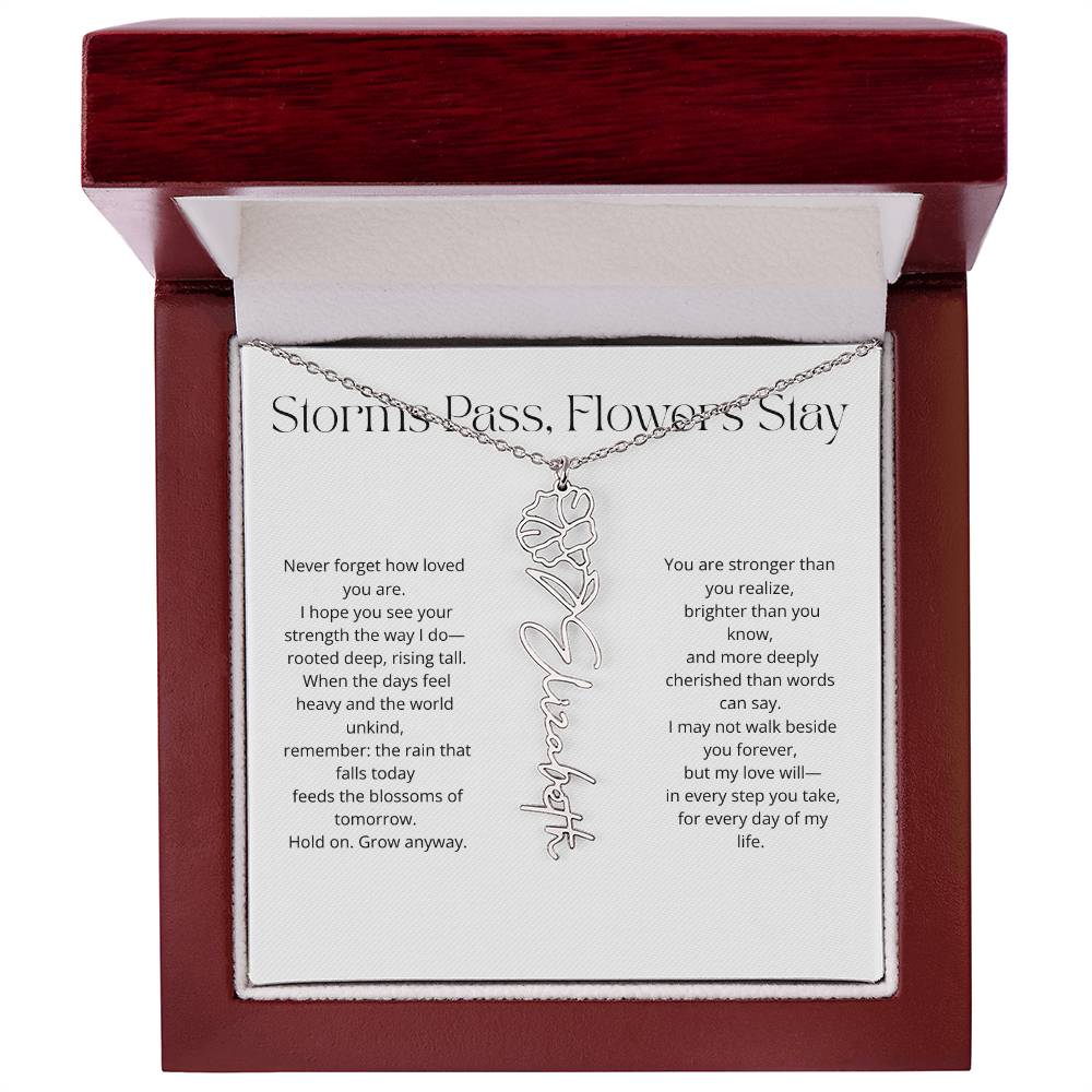 Personalized Flower Name Necklace - Storm Pass, Flower Stay (White)