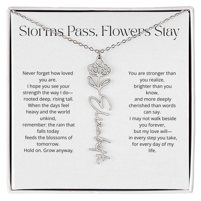 Personalized Flower Name Necklace - Storm Pass, Flower Stay (White)