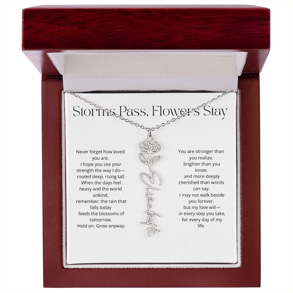 Personalized Flower Name Necklace - Storm Pass, Flower Stay (White)