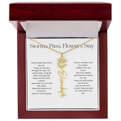 Personalized Flower Name Necklace - Storm Pass, Flower Stay (White)