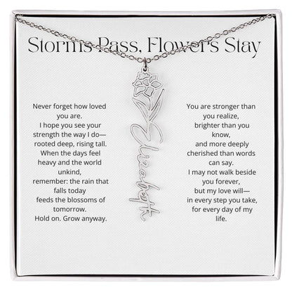 Personalized Flower Name Necklace - Storm Pass, Flower Stay (White)